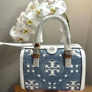 Tory Burch Petite T Monogram Denim Barrel Bag